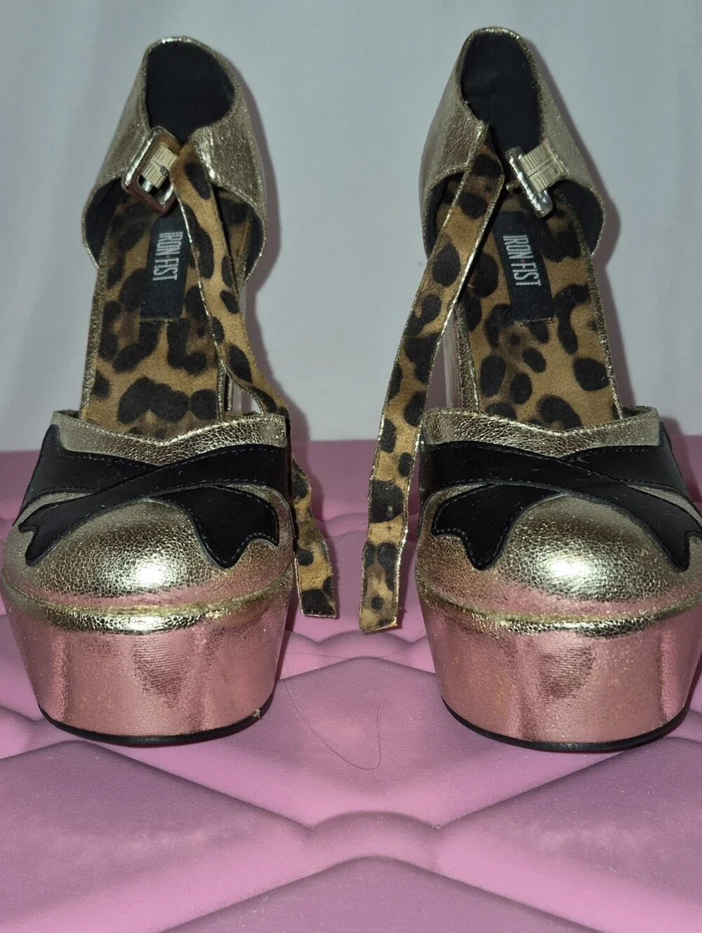 Iron Fist Metallic Gold & Black Platform Pumps with Leopard Print & Crossbones